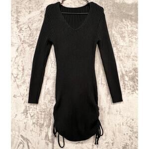Women’s Black Long Sleeve Sweater Dress Size Medium Ruched Midi Length Bodycon